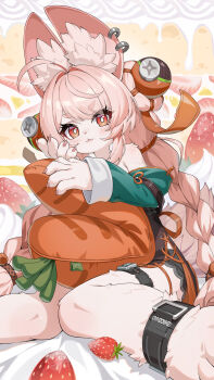 1girl absurdres animal_ear_fluff animal_ear_piercing animal_ears braid chinese_commentary commentary_request food fruit furry furry_female highres long_hair looking_at_viewer pink_fur pink_hair rabbit_ears rabbit_girl red_eyes rx-c solo strawberry thick_eyebrows twin_braids zenless_zone_zero zhao_(zenless_zone_zero)