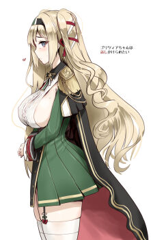 Rule 34 | 1girl, azur lane, blue eyes, breasts, cape, dress, from side, gorizia (azur lane), green dress, hair ribbon, highres, large breasts, light brown hair, long hair, minase (takaoka nanase), no panties, own hands clasped, own hands together, red ribbon, ribbon, sideboob, solo, thighhighs, thighs, white ribbon