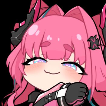 1girl :3 acomu414 animated animated_gif arknights arknights:_endfield black_gloves black_horns blue_eyes blue_hair blush chibi closed_eyes closed_mouth commentary_request dragon_girl dragon_horns drill_hair gloves hair_intakes hair_ornament heart heart-shaped_pupils horns jacket korean_commentary multicolored_hair multicolored_horns ofuda ofuda_on_head own_hands_together pink_gloves pink_hair pink_horns pink_jacket simple_background solo streaked_hair symbol-shaped_pupils thick_eyebrows transparent_background twin_drills twintails two-sided_gloves two-tone_hair two-tone_horns upper_body yvonne_(arknights)