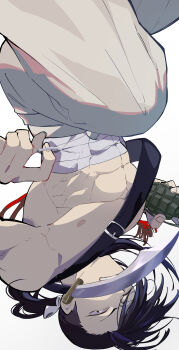 Rule 34 | 1boy, absurdres, alternate muscle size, bandaged torso, black hair, commentary request, explosive, fullmetal alchemist, grenade, highres, holding, holding grenade, ling yao, mouth hold, muscular, muscular male, nekoma hikaru, nipples, pants, shredded muscles, simple background, solo, sword in mouth, teeth hold, topless male, upside-down, white background, white pants