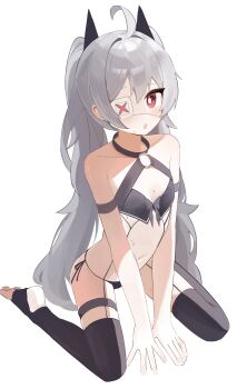 1girl absurdres ahoge arm_strap bare_shoulders black_bra black_thighhighs bra commentary djmax djmax_respect eyepatch fail_(djmax) flat_chest full_body garter_belt garter_straps grey_hair hair_between_eyes highres long_hair looking_at_viewer masiiiiiiro navel red_eyes simple_background sitting solo thigh_strap thighhighs toeless_legwear twintails underwear very_long_hair wariza white_background