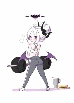 1girl absurdres ass barbell blue_archive deadlift demon_girl demon_horns exercising halo highres hina_(blue_archive) horns low_wings mata_ashita purple_eyes purple_wings simple_background sports_bra sportswear weightlifting white_background white_hair wings