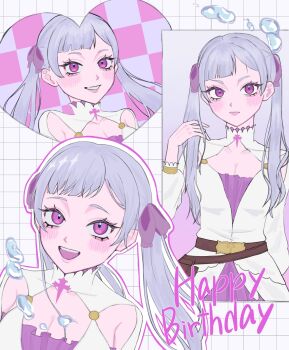 1girl armpit_crease bag belt black_clover breasts brown_belt cleavage clothing_cutout commentary_request dress grey_hair grin hand_in_own_hair hand_up happy_birthday heart highres lipstick long_hair long_sleeves looking_at_viewer makeup multiple_views noelle_silva open_mouth pink_lips portrait purple_dress purple_eyes purple_ribbon pursed_lips ribbon satchel short_dress shoulder_cutout smile teeth twintails two-tone_dress upper_body upper_teeth_only water water_drop white_dress ya_mada_22