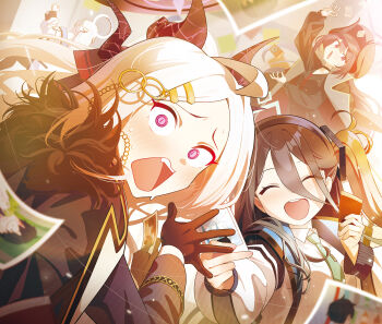 1boy 4girls ahoge aris_(blue_archive) black_gloves black_hair black_halo black_hat blue_archive blush breasts chiaki_(blue_archive) coat coat_on_shoulders demon_girl demon_horns gloves halo hat highres hina_(blue_archive) horns long_hair looking_at_viewer multiple_girls nasan_(coldtime) noa_(blue_archive) open_mouth purple_eyes sensei_(blue_archive) small_breasts very_long_hair white_hair