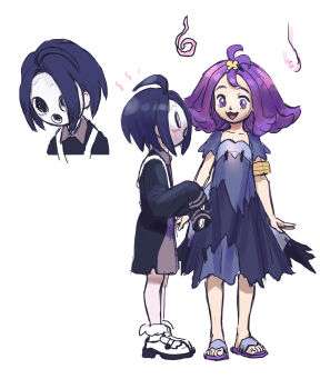 1boy 1girl acerola_(pokemon) ahoge allister_(pokemon) armlet commentary_request dojo_tmnt dress full_body highres jewelry korean_commentary looking_at_another mask nintendo pokemon pokemon_sm pokemon_swsh purple_eyes purple_hair sandals simple_background smile standing stitches suspenders torn_clothes torn_dress white_background