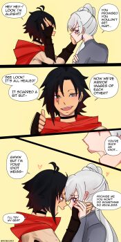 2girls black_hair blue_eyes cape commentary couple earrings english_commentary forehead-to-forehead gradient_hair grey_eyes heads_together highres jewelry long_hair moekumo multicolored_hair multiple_girls open_mouth ponytail red_cape red_hair ruby_rose rwby smile weiss_schnee yuri