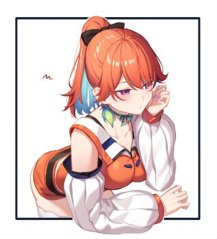 1girl alternate_hairstyle bow bow_choker choker detached_sleeves earrings feather_earrings feathers green_choker green_hair high_ponytail highres hololive hololive_english jewelry long_hair multicolored_hair orange_hair ponytail pout purple_eyes resu_desu simple_background solo takanashi_kiara takanashi_kiara_(1st_costume) two-tone_hair virtual_youtuber white_background