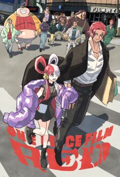 1girl 6+boys artist_request bald belt benn_beckman bonk_punch brown_hair building_snake casual dreadlocks dress everyone father_and_daughter goggles grin happy hat highres hongou_(one_piece) howling_gab jacket jacket_on_shoulders jolly_roger limejuice_(one_piece) long_coat long_hair looking_at_another looking_to_the_side lucky_roux manly monkey monster_(one_piece) multicolored_hair multiple_boys muscular one_piece one_piece_film:_red open_clothes open_shirt pectorals ponytail red_hair red_hair_pirates road robe rockstar_(one_piece) sash scar shanks_(one_piece) shirt short_dress short_hair skirt smile spiked_hair standing street striped_clothes striped_shirt sunglasses title two-tone_hair uta_(one_piece) walking white_hair yasopp