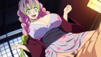 1boy 1girl animated areola_slip arms_at_sides blush bouncing_breasts braid breasts censored closed_mouth clothes_lift collarbone cowboy_shot cowgirl_position excited eyelashes female_pubic_hair from_below from_side girl_on_top green_eyes green_hair hands_up haori hetero huge_breasts indoors japanese_clothes kanroji_mitsuri kimetsu_no_yaiba kimono kimono_lift long_hair long_sleeves looking_at_penis looking_down looping_animation mole mole_under_eye mosaic_censoring multicolored_hair no_panties open_mouth penis pink_hair pubic_hair purple_kimono pussy red_haori sash sex sitting sitting_on_person smile solo_focus straddling tagme teeth twin_braids two-tone_hair unknown_showhey vaginal video w_arms