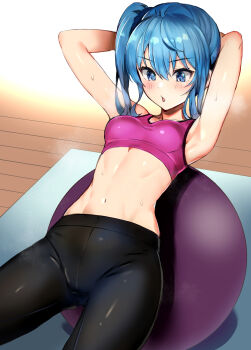 1girl absurdres armpits arms_behind_head arms_up ball black_pants blue_eyes blue_hair blush breasts commentary_request cowboy_shot exercising exercise_ball hair_between_eyes highres hololive hoshimachi_suisei long_hair looking_away medium_breasts navel pants pink_sports_bra pukara sit-up solo sports_bra star_(symbol) star_in_eye stomach sweat symbol_in_eye virtual_youtuber