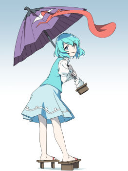 Rule 34 | 1girl, baasaku (balasaku24), blue background, blue eyes, blue hair, blue skirt, blue vest, brown shoes, closed mouth, commentary, floating hair, from side, geta, gradient background, hair between eyes, heterochromia, highres, holding, holding umbrella, karakasa obake, long tongue, oil-paper umbrella, purple umbrella, red eyes, shirt, shoes, short hair, simple background, skirt, smile, socks, solo, tatara kogasa, tongue, tongue out, touhou, umbrella, vest, white background, white shirt, white socks