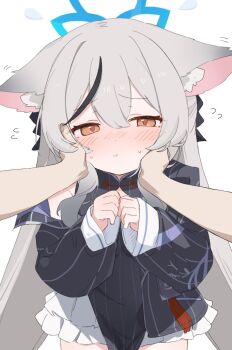 animal_ear_fluff animal_ears black_dress black_ribbon black_streaks blue_archive blue_halo blush brown_eyes cheek_squash china_dress chinese_clothes closed_mouth clothing_cutout collared_dress cowboy_shot diamond_cutout dot_nose dress ears_down embarrassed flying_sweatdrops frilled_dress frills grey_hair hair_between_eyes hair_ribbon halo hands_on_another&#039;s_cheeks hands_on_another&#039;s_face hands_up jacket kokona_(blue_archive) long_hair long_sleeves looking_at_viewer multicolored_hair narrowed_eyes pelvic_curtain pov pov_hands raised_inner_eyebrows ribbon sidelocks simple_background single_bare_shoulder single_off_shoulder sleeveless sleeveless_dress streaked_hair striped_clothes striped_dress striped_jacket sweatdrop tiger_ears tiger_girl tntl_nemui two-tone_hair vertical-striped_clothes vertical-striped_dress vertical-striped_jacket very_long_hair white_background