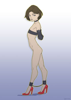 1girl aged_down arms_behind_back artist_name ass blue_background blue_eyes bound bound_arms brown_hair druidon from_side gradient_background high_heels highres jill_valentine loli looking_at_viewer nude parted_lips red_shoes resident_evil restrained shoes short_hair signature simple_background