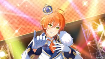 1boy ahoge blush copyright_name crown gloves green_eyes hair_between_eyes hand_on_own_chest head_tilt highres idol idol_clothes jacket jel_(stpri) long_sleeves looking_at_viewer mini_crown necktie official_art open_mouth orange_hair orange_necktie short_hair smile solo sparkle stage stage_lights strawberry_prince teeth upper_body white_gloves white_jacket