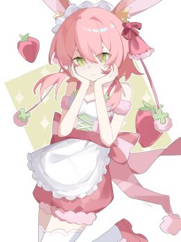 Rule 34 | 1girl, absurdres, animal ear fluff, animal ears, artist name, back bow, bare shoulders, bow, chinese commentary, closed mouth, commentary, cowboy shot, double-parted bangs, food, fruit, fur-trimmed shorts, fur trim, green background, green eyes, hair between eyes, hair bow, hands on own cheeks, hands on own face, highres, looking at viewer, maimai (game), otarc, outline, pink bow, pink hair, pink shirt, rabbit ears, rabbit girl, ras (maimai), red shoes, red shorts, shirt, shoes, short hair, shorts, sleeveless, sleeveless shirt, smile, solo, strawberry, striped bow, thick eyebrows, thighhighs, white outline, white thighhighs