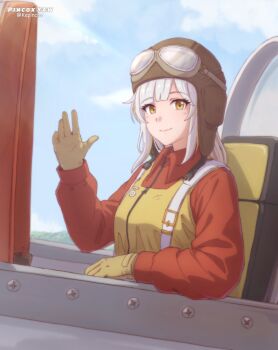 Rule 34 | 1girl, absurdres, aircraft, airplane, artist name, blue sky, blush, breasts, brown gloves, closed mouth, cockpit, commentary, day, english commentary, flight suit, gloves, goggles, goggles on head, hand up, helmet, highres, jumpsuit, kepincox, long hair, long sleeves, military, military vehicle, original, outdoors, p-51 mustang, pilot, pilot helmet, red jumpsuit, screw, sidelocks, sitting, sky, small breasts, smile, solo, watermark, waving, white hair, yellow eyes, zipper, zipper pull tab
