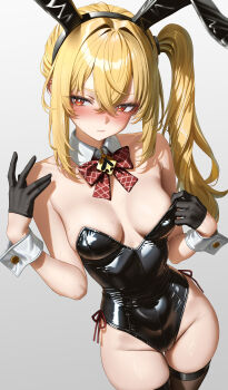 1girl absurdres animal_ear_hairband animal_ears bare_shoulders black_gloves black_leotard black_thighhighs blonde_hair blush bow bowtie breasts closed_mouth commentary_request covered_navel detached_collar dress fake_animal_ears gloves grey_background groin hairband half_gloves hand_up high_side_ponytail highres hirahiragi_(h1rqg1) leotard long_hair looking_to_the_side luciana_de_montefio plaid_bow plaid_bowtie plaid_clothes playboy_bunny rabbit_ear_hairband rabbit_ears red_bow red_bowtie red_eyes side-tie_leotard side_ponytail simple_background small_breasts solo strapless strapless_dress strapless_leotard thighhighs very_long_hair white_background white_wrist_cuffs wrist_cuffs zenless_zone_zero