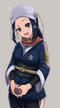 1girl :d akari_(pokemon) black_eyes black_pants black_sash blue_hair blue_kimono breasts commentary_request cowboy_shot forehead grey_background grey_headscarf headscarf highres holding holding_poke_ball japanese_clothes kimono long_hair long_sleeves looking_at_viewer medium_breasts nintendo obi open_mouth pants poke_ball pokemon pokemon_legends:_arceus ramkilog red_scarf sash scarf short_kimono sidelocks simple_background smile solo standing