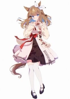 1girl absurdres almond_eye_(umamusume) animal_ears black_shoes black_skirt blue_eyes blue_hair blush bow_hairband brown_hair cardigan closed_mouth colored_inner_hair dress hairband heart heart_hands highres horse_ears horse_girl horse_tail long_hair looking_at_viewer multicolored_hair open_cardigan open_clothes shoes sidelocks skirt smile solo tail thighhighs two-tone_hair umamusume white_dress white_hairband white_thighhighs yellow_cardigan yukikawa_juri zettai_ryouiki