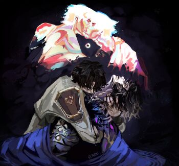 2boys arcane:_league_of_legends arcane_jayce arcane_savior_viktor arcane_survivor_jayce arm_around_back arm_around_neck artist_name black_background black_hair coat cradling cradling_head crying death head_back highres hug jayce_(league_of_legends) kiss league_of_legends male_focus multiple_boys open_mouth qellado short_hair space tearing_up torn_clothes viktor_(arcane) viktor_(league_of_legends) white_coat yaoi