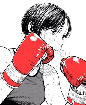 1girl boxing boxing_gloves breasts breath commentary_request fighting_stance gloves greyscale highres lee_(dragon_garou) medium_breasts monochrome mouth_guard original profile red_gloves short_hair solo sports_bra spot_color sweat