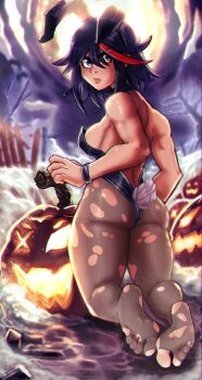 1girl absurdres angry animal_ears ass back bare_shoulders black_hair black_leotard black_pantyhose blue_eyes breasts closed_mouth fake_animal_ears fake_tail feet from_behind full_body full_moon halloween highres jack-o&#039;-lantern kill_la_kill kneeling leotard looking_back matoi_ryuuko medium_breasts moon multicolored_hair night night_sky outdoors pantyhose playboy_bunny rabbit_ears red_hair reliusmax short_hair sky soles solo tail toes torn_clothes torn_pantyhose two-tone_hair wristband