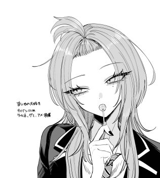 1girl absurdres bangs_pinned_back candy commentary_request diagonal-striped_clothes diagonal-striped_necktie ear_piercing facing_viewer food greyscale haimiya_mio_(kamiyama_sumu) highres holding holding_candy holding_food holding_lollipop jacket kamiyama_sumu lollipop long_hair looking_to_the_side mole mole_under_eye monochrome necktie original piercing simple_background solo striped_clothes translation_request upper_body white_background