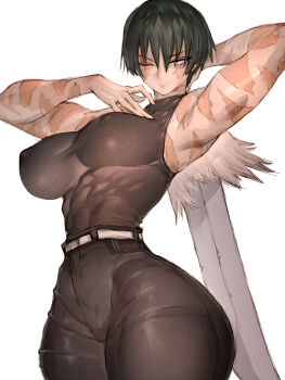 1girl bare_shoulders black_hair breasts burn_scar closed_mouth covered_erect_nipples fumio_(rsqkr) glasses green_hair high-waist_pants highres holding jujutsu_kaisen large_breasts looking_at_viewer multiple_scars muscular muscular_female narrow_waist navel pants round_eyewear scar scar_on_arm scar_on_face scar_on_shoulder scars_all_over shirt short_hair simple_background sleeveless solo thick_thighs thighs too_many weapon white_background wide_hips zen'in_maki zen'in_maki_(post_shibuya)