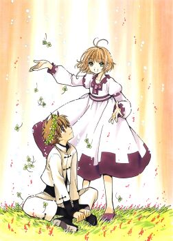 1boy 1girl absurdres brown_eyes brown_hair clamp dress eye_contact green_eyes highres indian_style looking_at_another outdoors sakura_hime short_hair sitting tsubasa_chronicle xiaolang