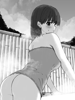1girl absurdres ass bare_shoulders bathing blunt_bangs blush breasts cloud cowboy_shot from_behind greyscale hako_roku hands_on_ground highres huge_breasts kanami_kanna kunoichi_hajimemashita! looking_at_viewer monochrome naked_towel onsen open_mouth outdoors profile short_hair sky solo standing steam sweat towel tree