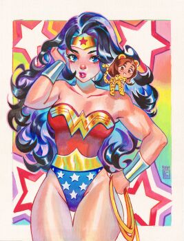 2girls absurdres artist_name bare_shoulders black_hair blue_eyes blue_panties border bracer breasts chibi collarbone commentary cowboy_shot dc_comics english_commentary gouache_(medium) highleg highres holding_lasso lasso lasso_of_truth leopard_girl long_hair looking_at_viewer medium_breasts multiple_girls outside_border painting_(medium) panties parted_lips print_panties rian_gonzales solo_focus star_(symbol) star_print thigh_gap tiara traditional_media underwear watercolor_(medium) white_border wonder_woman wonder_woman_(series)