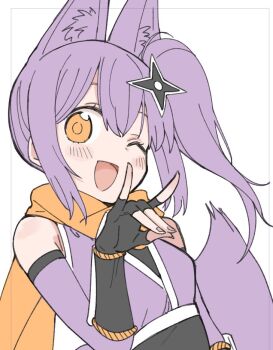 Rule 34 | 1girl, ;d, animal ears, arm guards, black gloves, blush, commentary request, elbow gloves, fingerless gloves, fox ears, fox shadow puppet, fox tail, gloves, hair ornament, hairclip, hundredburger, kusagakure satoko, long hair, looking at viewer, necktie, ninja, ninja to koroshiya no futarigurashi, official art, one eye closed, open mouth, orange eyes, orange scarf, purple hair, red necktie, scarf, side ponytail, smile, solo, tail, upper body, white background