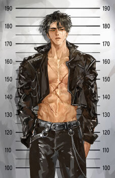 Rule 34 | 1boy, abs, belt, black eyes, black hair, black jacket, chain, cropped jacket, curtained hair, drop shadow, feet out of frame, height chart, heterochromia, jacket, leather, leather jacket, looking to the side, male focus, mugshot, multiple scars, numbered, omniscient reader's viewpoint, open clothes, open jacket, parted lips, pectorals, roventus, scar, scar across eye, scar on face, secretive plotter, short hair, solo, toned, toned male, yellow eyes, yoo joonghyuk