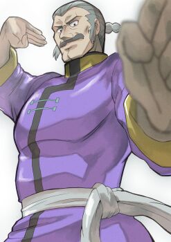 1boy absurdres blurry commentary_request depth_of_field facial_hair fighting_stance g_gundam grey_hair gundam highres k_katora looking_at_viewer male_focus master_asia mustache old old_man simple_background upper_body white_background