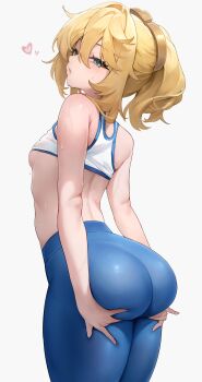 1boy absurdres ass blonde_hair blue_pants breasts bridget_(guilty_gear) closed_mouth commentary_request grey_background guilty_gear hakusyokuto highres leggings looking_at_viewer male_focus midriff multiple_views navel pants phone ponytail simple_background small_breasts sportswear sweat trap yoga_pants