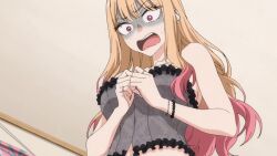 1girl animated anime_screenshot bare_shoulders blonde_hair bracelet breasts bursting_breasts cleavage downblouse ear_piercing earrings fake_nails gyaru highres inconvenient_breasts jewelry kitagawa_marin large_breasts lips long_hair multiple_bracelets open_mouth piercing red_eyes ring shiny_skin sidelocks sono_bisque_doll_wa_koi_wo_suru sound strapless tagme undersized_clothes video weight_conscious