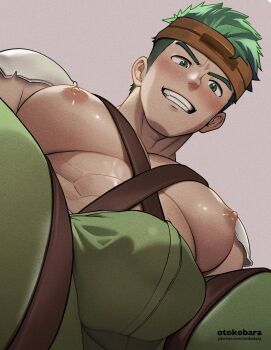 1boy artist_name bara boyd_(fire_emblem) bulge commentary english_commentary fire_emblem fire_emblem:_path_of_radiance from_below green_eyes green_hair grin highres large_pectorals male_focus muscular muscular_male nintendo nipples otokobara paid_reward_available pectorals short_hair simple_background smile solo