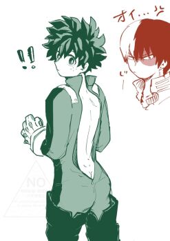 Rule 34 | ass, back, bare back, blush, boku no hero academia, butt crack, formal clothes, freckles, looking back, looking to the side, midoriya izuku, pov, riku ff, scar, shounen jump, suit, superhero costume, tododeku, todoroki shoto, yaoi