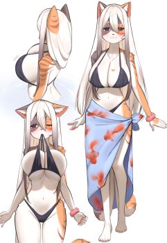 1girl animal_ears animal_print bikini black_bikini black_fur blue_cape breasts cape cat_ears cat_girl etivka fish_print furry furry_female haru_(etivka) highres large_breasts long_hair mouth_hold multicolored_fur multiple_views navel orange_fur original solo stomach swimsuit white_fur white_hair