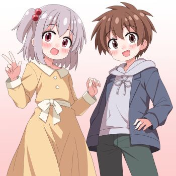 Rule 34 | 2boys, :d, black jacket, blush, brown eyes, brown hair, commentary request, crossdressing, crossdressing (mtf), dress, gradient background, grey hair, grey hoodie, hair bobbles, hair ornament, highres, hood, hood down, hoodie, jacket, long sleeves, looking at viewer, male focus, multiple boys, one side up, onii-chan wa oshimai!, open clothes, open jacket, open mouth, pants, pink background, sakurada yuuta, sakuzo, sash, senkawa minato, simple background, smile, spiked hair, trap, v, white background, yellow dress