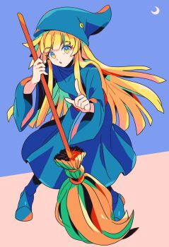 1girl blonde_hair blue_robe boots broom commentary_request full_body hat highres holding holding_broom index_finger_raised long_hair long_sleeves looking_at_viewer mizuki_tsukimori parted_lips puyopuyo robe solo standing two-tone_background wide_sleeves witch_(puyopuyo) wizard_hat