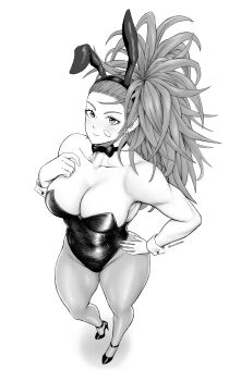 1girl absurdres bandaid bare_shoulders breasts captain_mizuki carlx945380 cleavage collarbone earrings hand_on_own_hip high_heels highres jewelry long_hair monochrome one-punch_man simple_background smile solo standing thighs