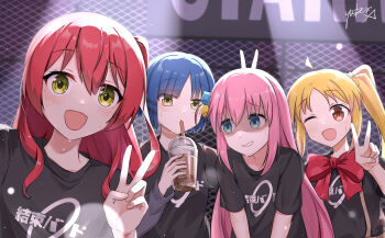4girls :d absurdres black_shirt blonde_hair blue_hair bocchi_the_rock! bow bowtie bunny_ears_prank choppy_bangs closed_mouth commentary_request cup disposable_cup drinking drinking_straw embarrassed gotoh_hitori grin hair_between_eyes hair_ornament hairclip hand_up highres holding holding_cup ijichi_nijika kessoku_band kessoku_band_logo kessoku_band_t-shirt kita_ikuyo layered_sleeves long_bangs long_hair long_sleeves looking_at_viewer mole mole_under_eye multiple_girls nervous_smile official_alternate_costume one_eye_closed one_side_up open_mouth parallel_hairclips parted_bangs pink_hair polka_dot polka_dot_bow polka_dot_bowtie raised_inner_eyebrows red_bow red_bowtie red_eyes red_hair shirt short_hair short_over_long_sleeves short_sleeves side_ponytail signature smile straight_hair sweat t-shirt v yamada_ryo yellow_eyes yuber.x