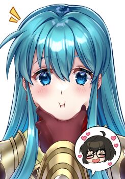 2girls aqua_eyes aqua_hair artist_self-insert black_hair blush blush_stickers closed_mouth commentary earrings eirika_(fire_emblem) english_commentary fire_emblem fire_emblem:_the_sacred_stones glasses gloves hair_between_eyes hand_on_another's_face highres jewelry long_hair maji_(majibomber) meme multiple_girls nintendo pov_cheek_grabbing_(meme) red_gloves upper_body white_background