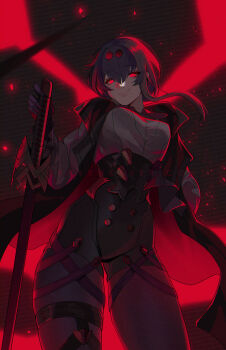 1girl belt black_hair breasts coat contrapposto cowboy_shot dark empty_eyes glowing glowing_eyes graveweaver hair_between_eyes holding holding_sheath honkai:_star_rail honkai_(series) kafka_(honkai:_star_rail) light_particles long_sidelocks looking_at_viewer open_clothes open_coat popped_collar red_coat red_eyes red_theme scabbard sheath shirt sidelocks smile solo white_shirt