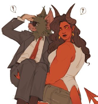 ! 1boy 1girl ? animal_ears bat_boy bat_ears biceps black_hair blue_pants blue_suit carrying carrying_person claws cntpdi colored_skin demon_girl demon_horns demon_tail dispatch fangs formal_clothes horns long_hair looking_at_viewer looking_to_the_side malevola_(dispatch) muscular muscular_female necktie pants red_necktie red_skin shirt sonar_(dispatch) speech_bubble spoken_exclamation_mark spoken_question_mark suit sunglasses tail tank_top wavy_hair white_shirt white_tank_top