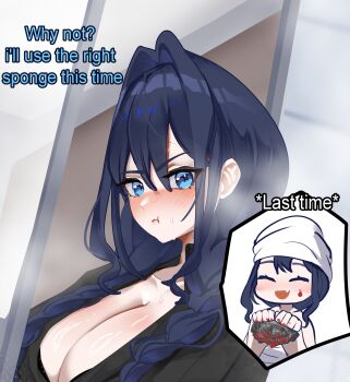 1girl absurdres bathroom black_dress blood blue_eyes blue_hair blush braid breasts cleavage closed_eyes closed_mouth commentary daaku_(koizumi_arata) dress embroidered_dress english_commentary english_text fang flashback hair_between_eyes hair_intakes hair_over_shoulder highres hololive hololive_english juliet_sleeves large_breasts long_hair long_sleeves looking_at_viewer low_twin_braids maid official_alternate_costume official_alternate_hairstyle open_mouth ouro_kronii ouro_kronii_(maid) pout puffy_sleeves skin_fang smile sponge steam sweat towel towel_on_head twin_braids virtual_youtuber