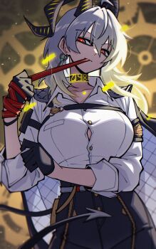 1girl black_choker black_gloves black_pants black_tail breasts button_gap choker demon_tail dryegen gloves grey_hair highres horns large_breasts mole mole_under_eye pants red_eyes shirt solo tail white_shirt wuthering_waves zani_(wuthering_waves)