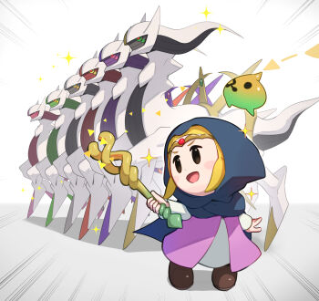 1girl 6+others alternate_color arceus blonde_hair chibi circlet company_connection crossover dress gen_4_pokemon gold_circlet gonzarez highres legendary_pokemon mage_staff multiple_others mythical_pokemon nintendo open_mouth pokemon pokemon_(creature) princess_zelda smile sparkle staff the_legend_of_zelda the_legend_of_zelda:_echoes_of_wisdom tri_(zelda) tri_rod