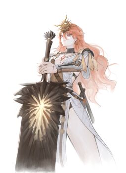 1girl absurdres ancient_greek_clothes arm_armor augusta_(wuthering_waves) breasts closed_mouth commentary deardd dress earrings greatsword greco-roman_clothes hair_between_eyes headgear highres holding holding_sword holding_weapon jewelry large_breasts long_hair orange_eyes orange_hair sheath simple_background solo sun_earrings sun_necklace sword tacet_mark_(wuthering_waves) thighs weapon white_background white_dress wuthering_waves